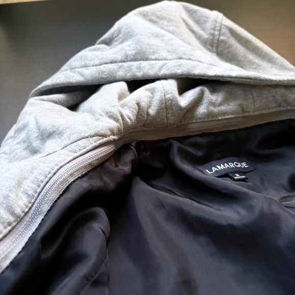 Lamarque ANNA LEATHER BIKER black JACKET Gray Hoodie lambskin ladies medium - Picture 10 of 11